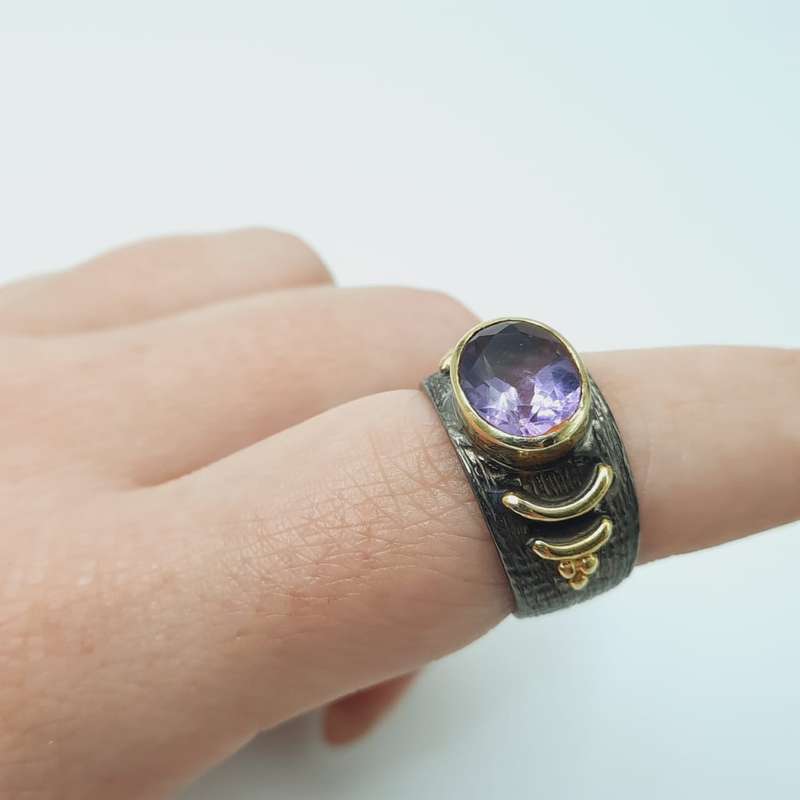 Amethyst Aura Shielding Rhodium Plated Sterling Silver Ring