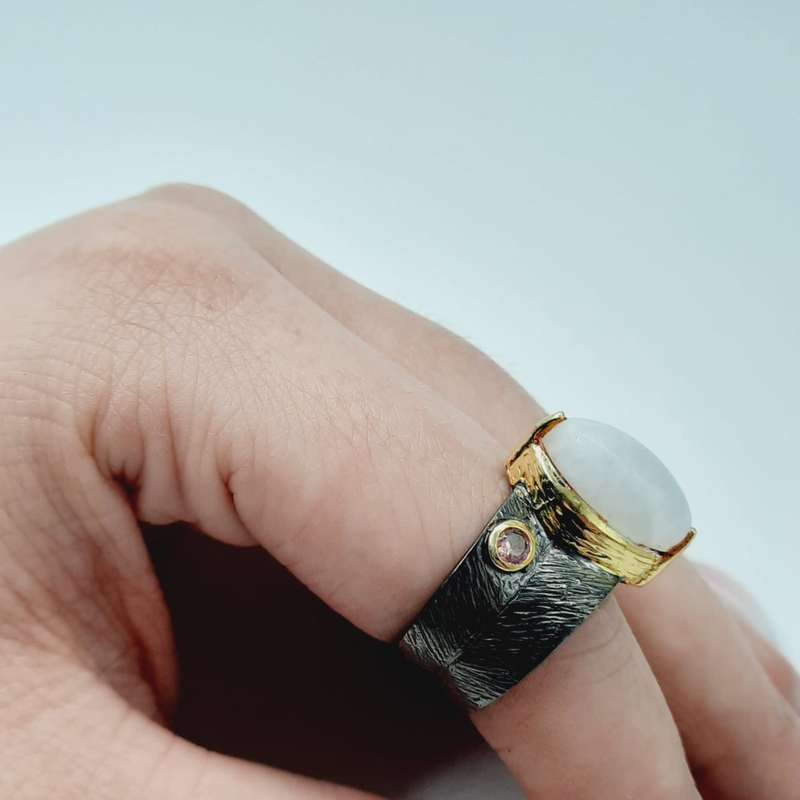 Moonstone Buckler Rhodium Plated Ring