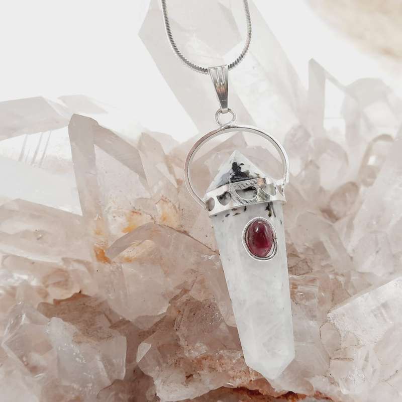 Rainbow Moonstone with Garnet Cabochon DT Crystal Pendant