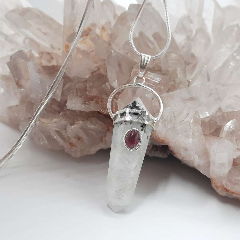 Rainbow Moonstone with Garnet Cabochon DT Crystal Pendant
