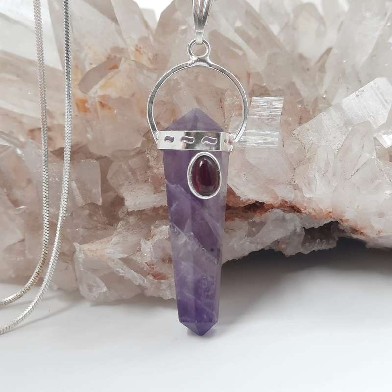 Amethyst with Garnet Cabochon DT Crystal Pendant