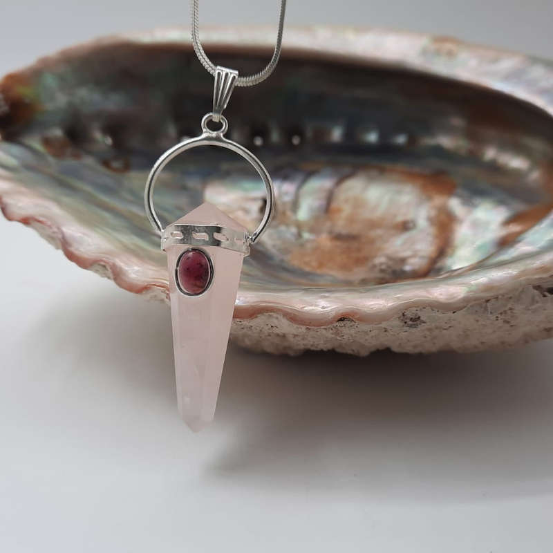 Rose Quartz with Garnet Cabochon DT Crystal Pendant