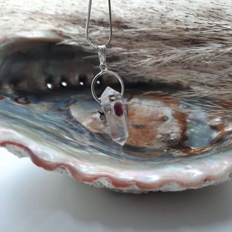 Clear Quartz with Garnet Cabochon DT Crystal Pendant