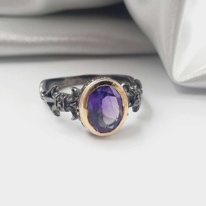 Rhodium Plated Sterling Silver Faceted Amethyst Crystal Ring