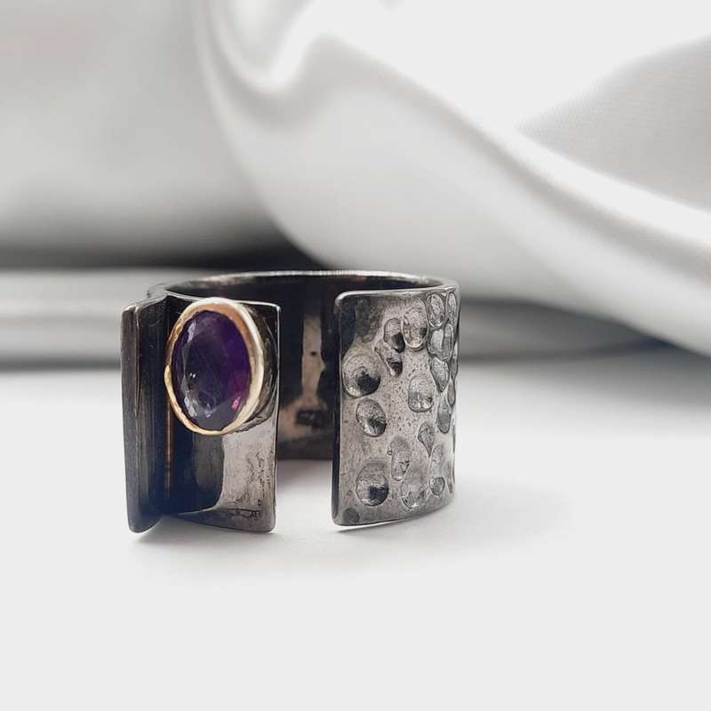 Rhodium Plated Sterling Silver Faceted Amethyst Crystal Ring