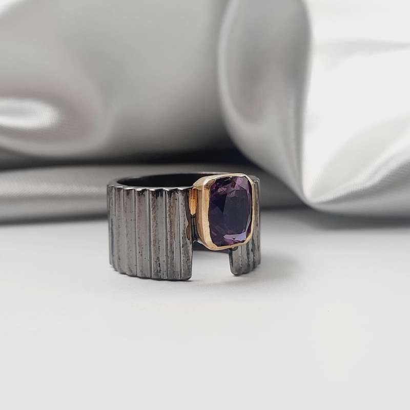Rhodium Plated Sterling Silver Faceted Amethyst Crystal Ring