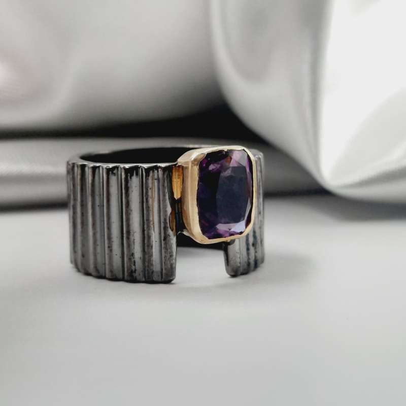 Rhodium Plated Sterling Silver Faceted Amethyst Crystal Ring