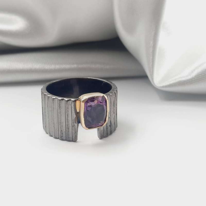 Rhodium Plated Sterling Silver Faceted Amethyst Crystal Ring