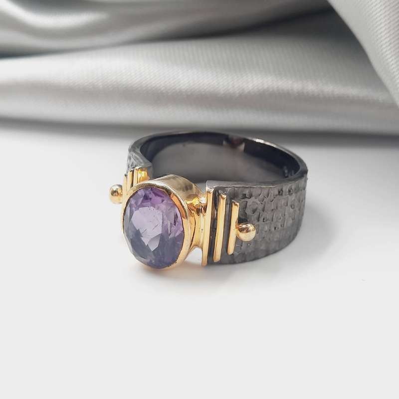 Rhodium Plated Sterling Silver Faceted Amethyst Crystal Ring
