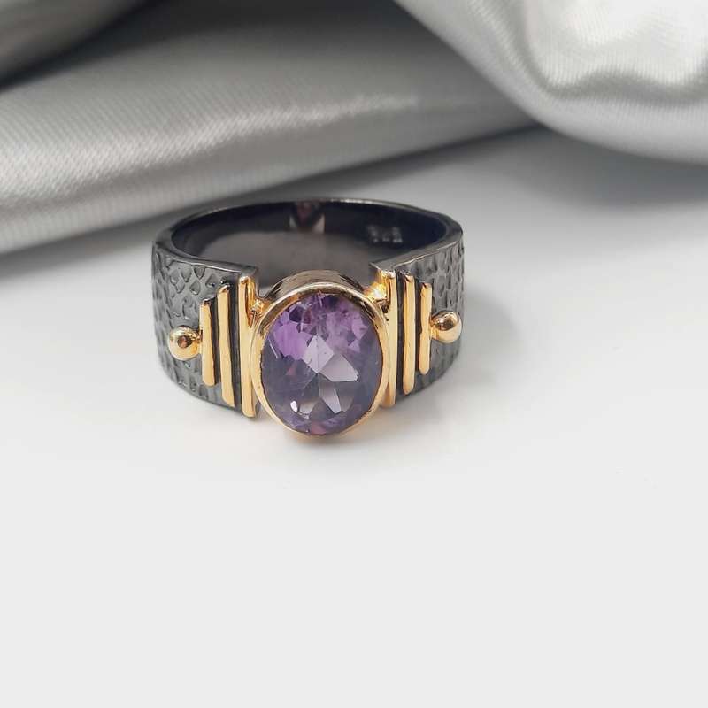 Rhodium Plated Sterling Silver Faceted Amethyst Crystal Ring