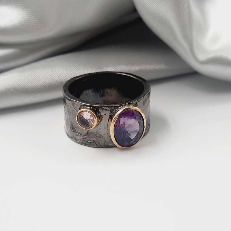 Rhodium Plated Sterling Silver Faceted Amethyst Crystal Ring