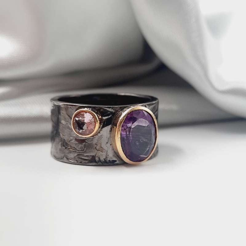 Rhodium Plated Sterling Silver Faceted Amethyst Crystal Ring