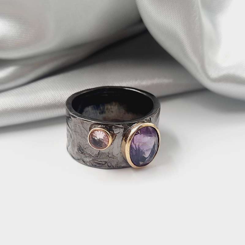Rhodium Plated Sterling Silver Faceted Amethyst Crystal Ring