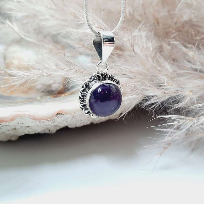Amethyst Cabochon Crystal Sterling Silver Pendant