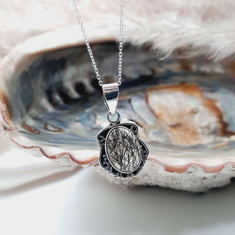 Black Rutile Sterling Silver Crystal Pendant