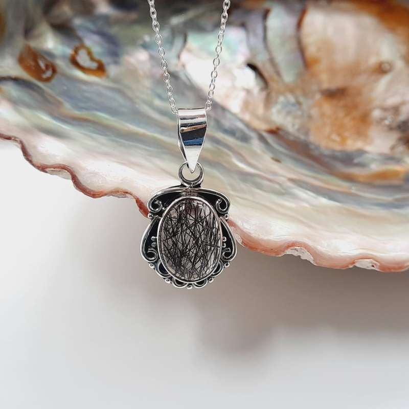 Black Rutile Sterling Silver Crystal Pendant