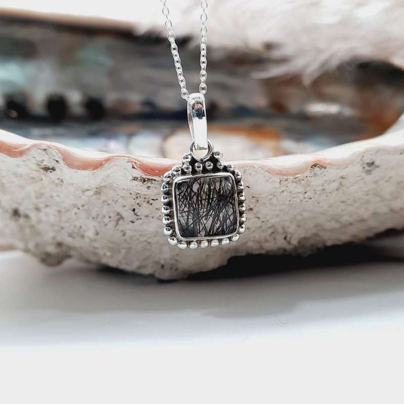 Black Rutile Crystal Quartz Sterling Silver Pendant