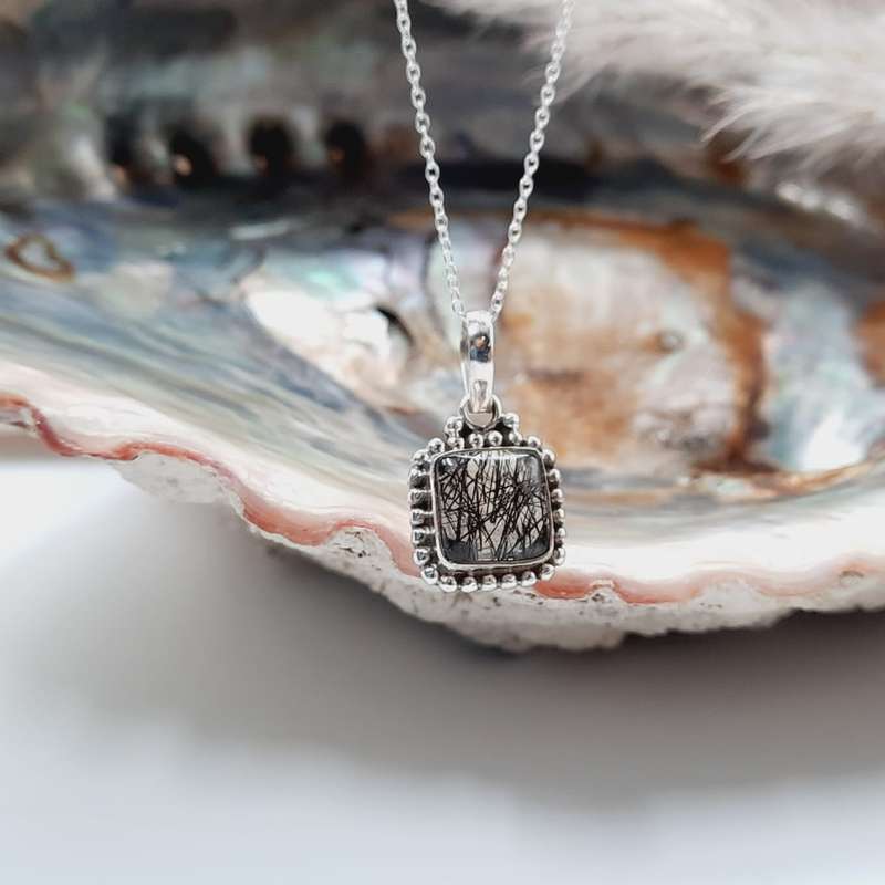 Black Rutile Crystal Quartz Sterling Silver Pendant