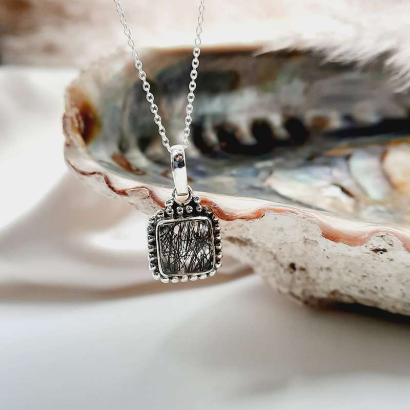 Black Rutile Crystal Quartz Sterling Silver Pendant