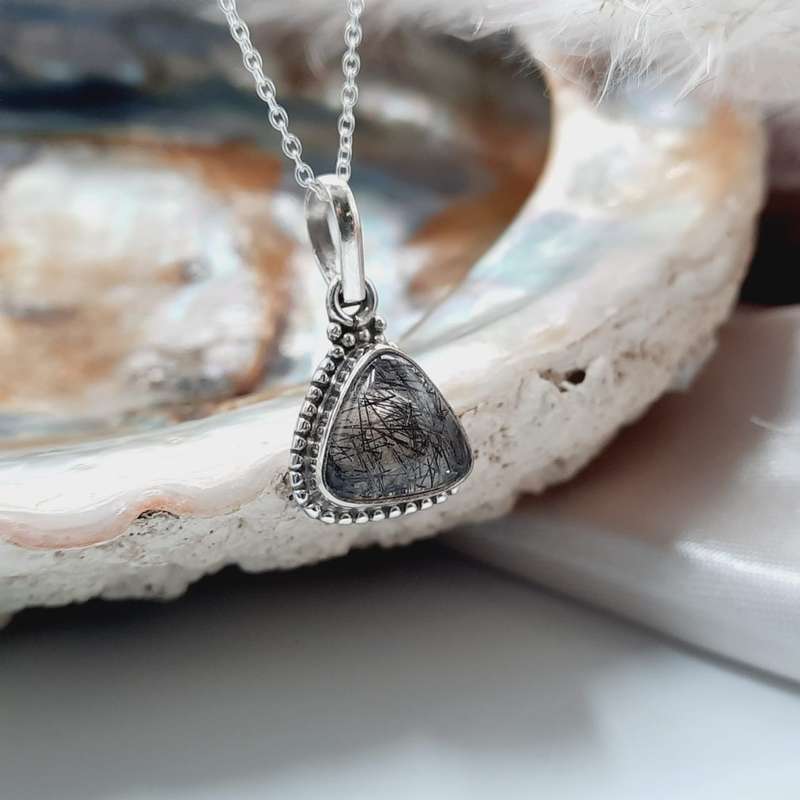 Black Rutile Quartz Sterling Silver Crystal Pendant
