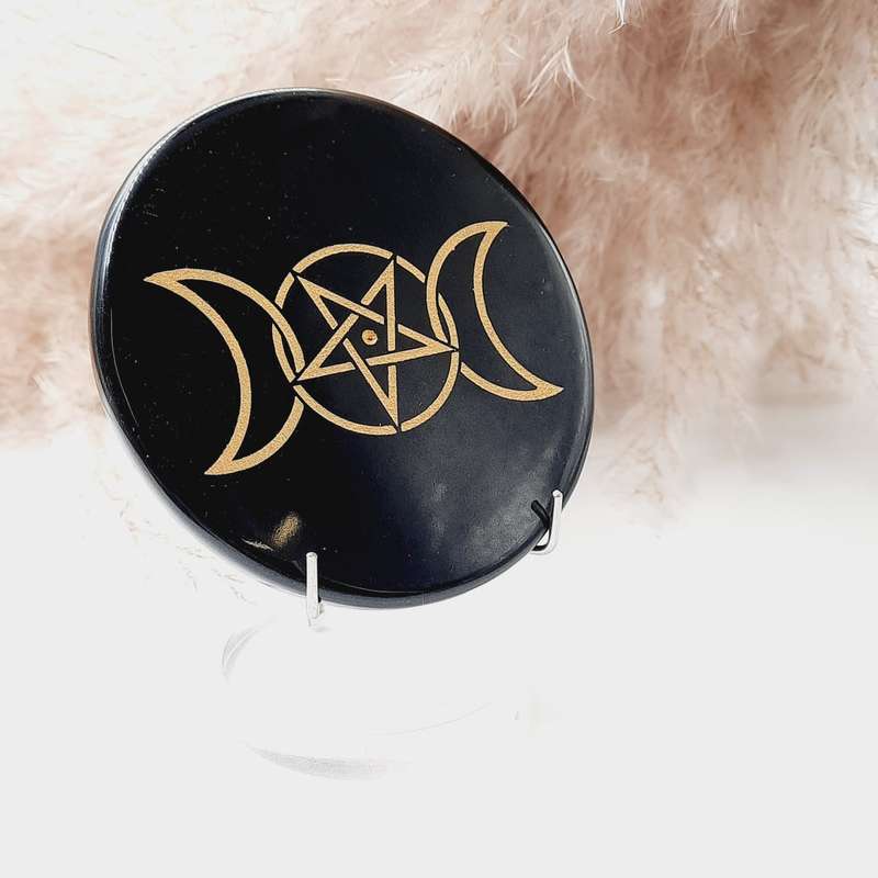 Black Agate Crystal Disc  With Pentacle Waxing and Waning moon