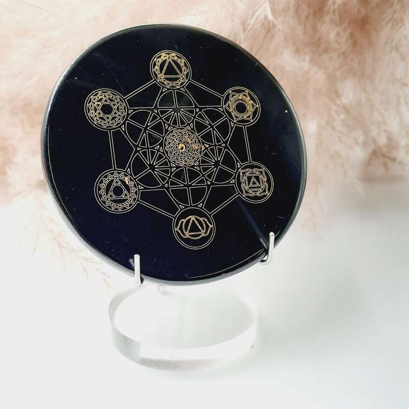 Black Agate Crystal Disc With Metatron Gold Filigree Work