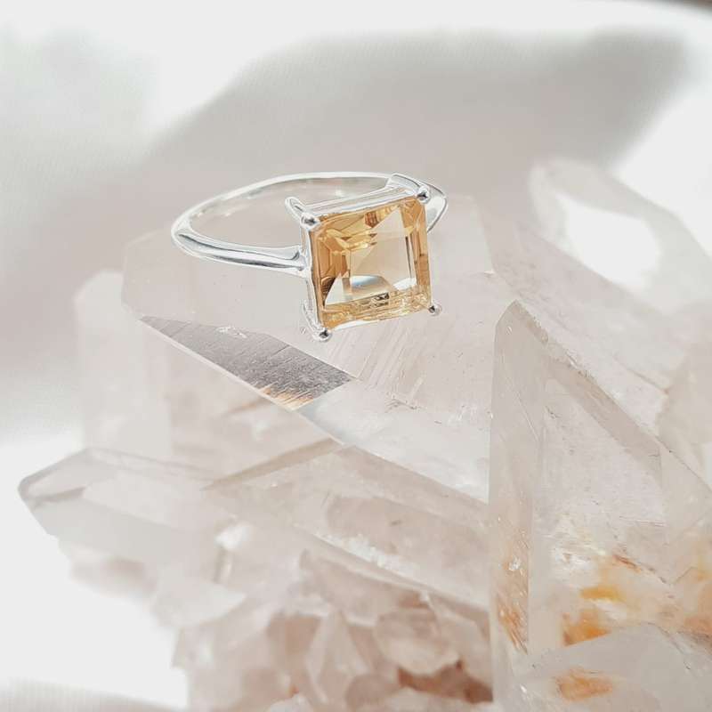 Faceted Citrine Crystal Sterling Silver Square Shaped Ring