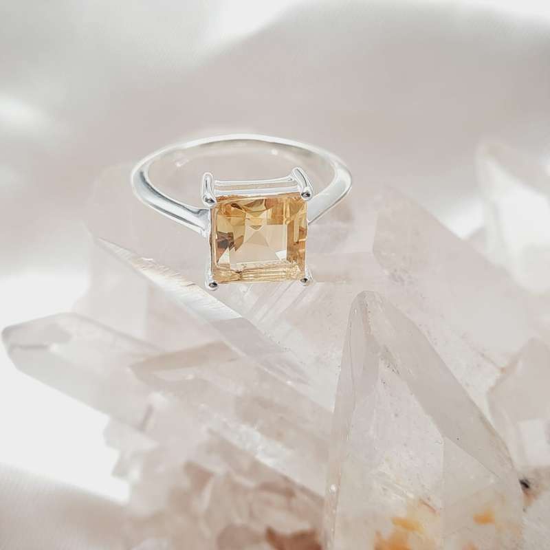 Faceted Citrine Crystal Sterling Silver Square Shaped Ring