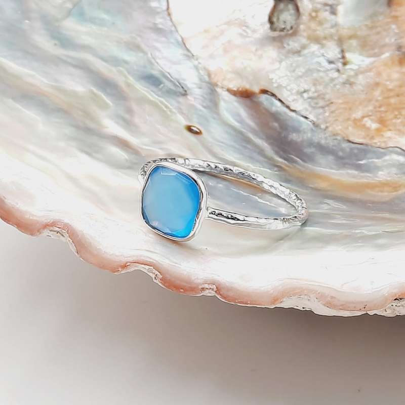 Sterling Silver Square Shaped Blue Onyx Crystal Ring