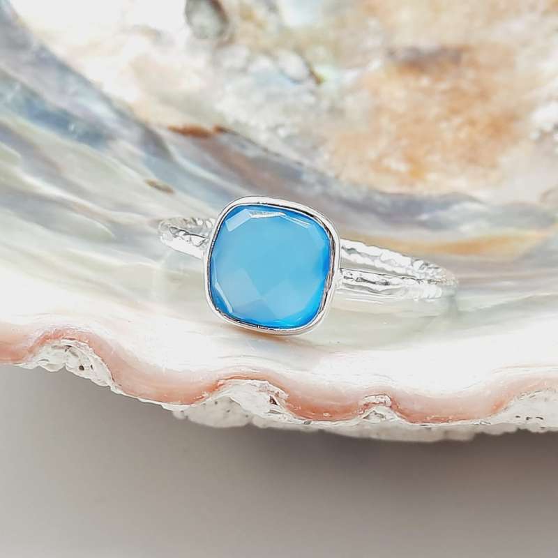 Sterling Silver Square Shaped Blue Onyx Crystal Ring