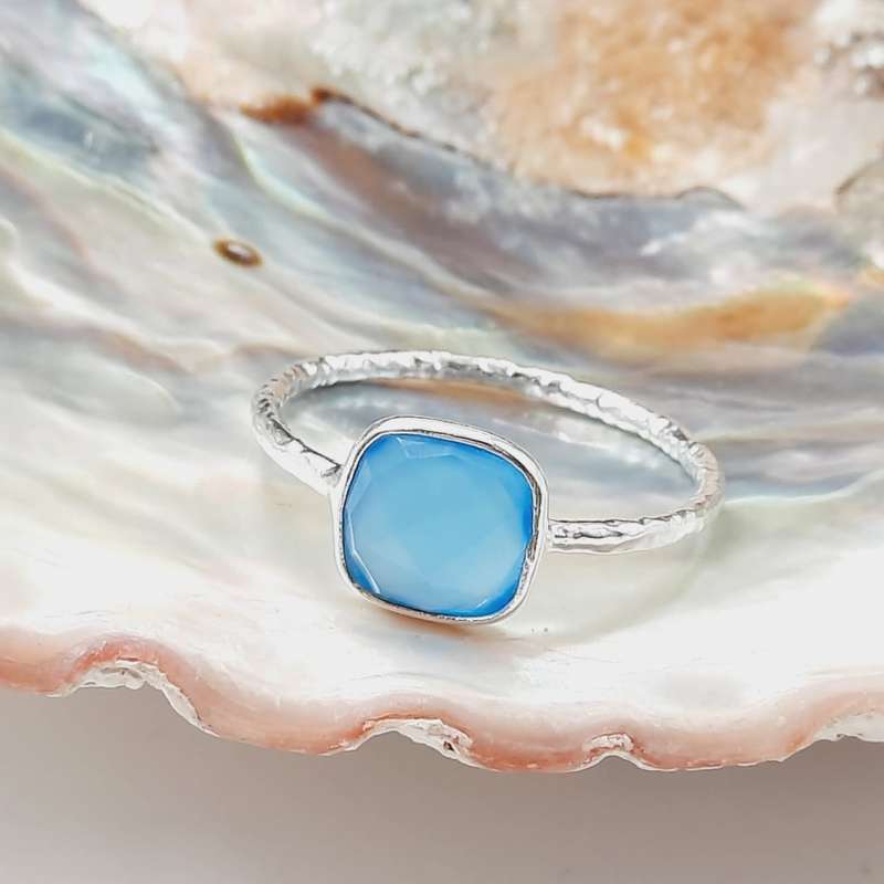 Sterling Silver Square Shaped Blue Onyx Crystal Ring