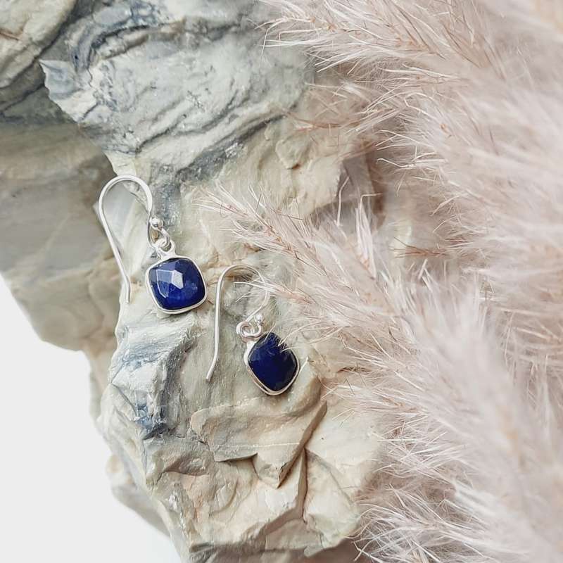 Sterling Silver Square Shaped Sapphire Faceted Crystal Earrings