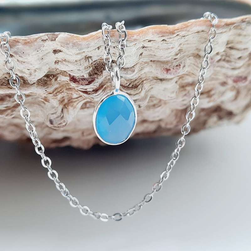 Sterling Silver Faceted Blue Onyx Crystal Oval Shaped Pendant