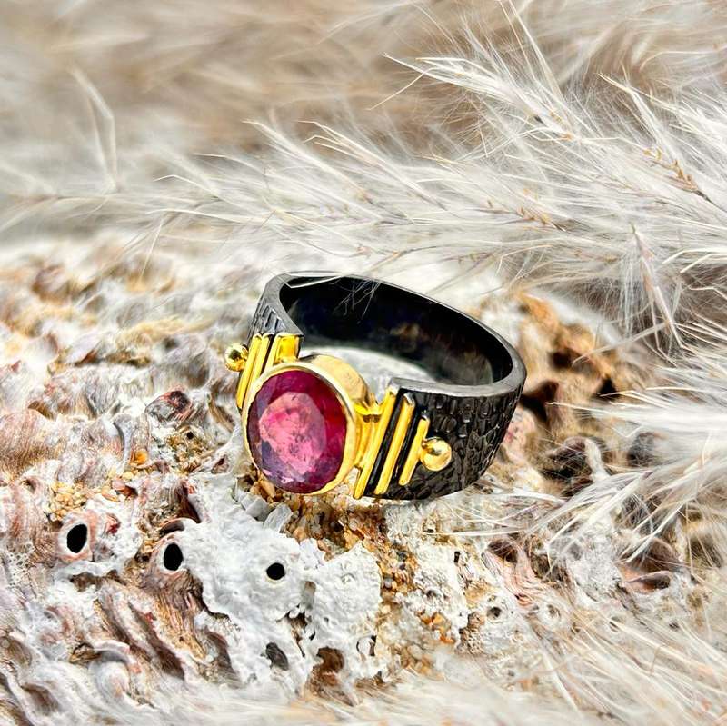 Sterling Silver Rhodium Plated Faceted Rubelite Crystal Gemstone Ring