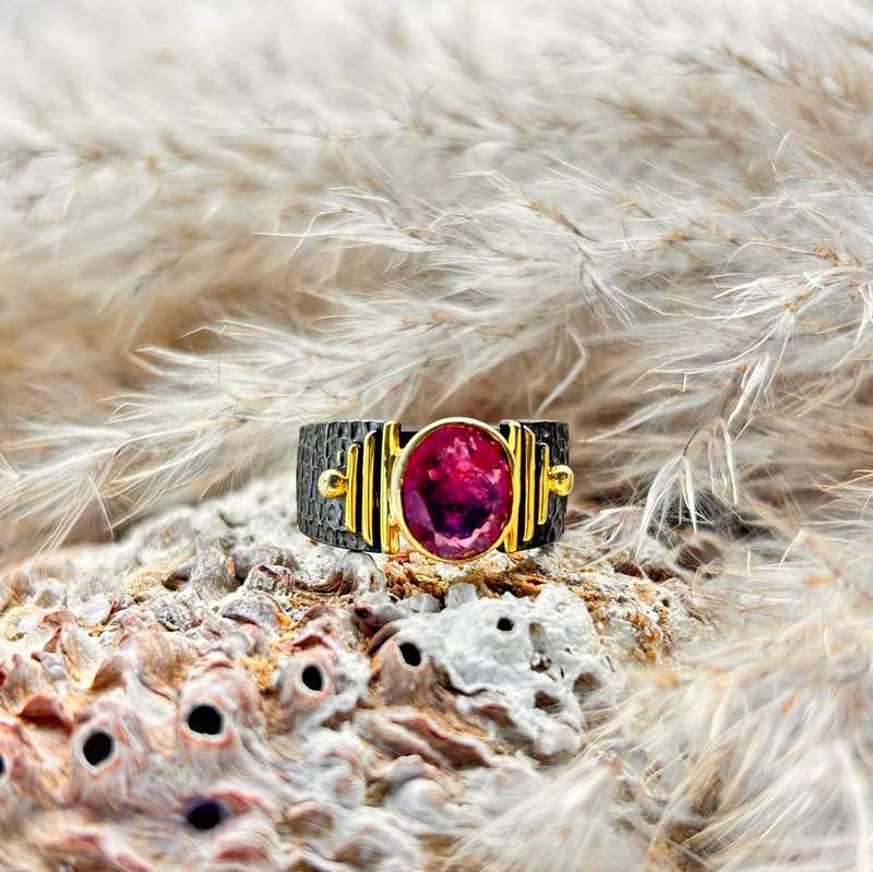 Sterling Silver Rhodium Plated Faceted Rubelite Crystal Gemstone Ring