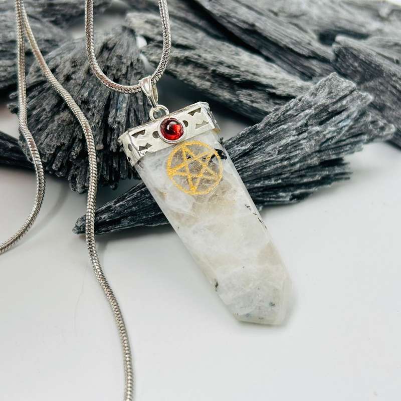 Moonstone Genuine Crystal Tabby Shaped White Metal Pendant With Pentacle