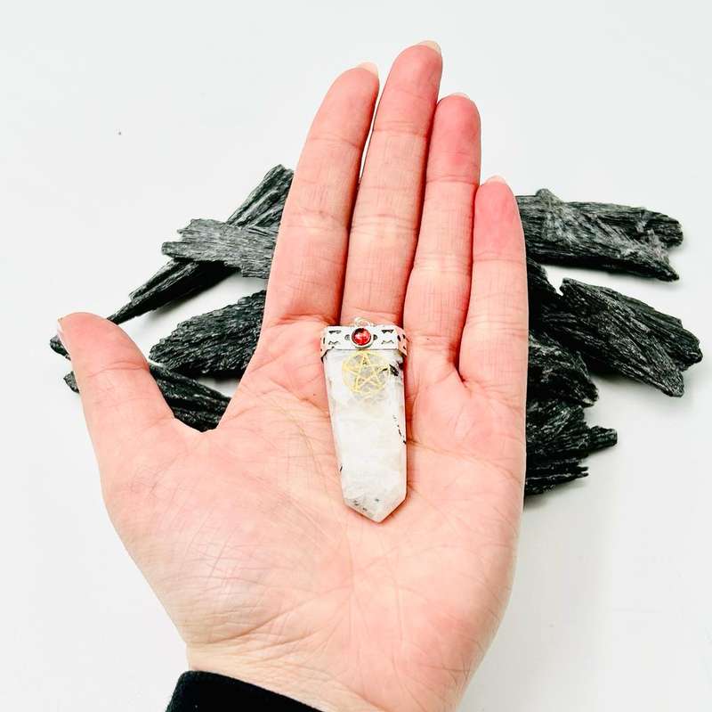 Moonstone Genuine Crystal Tabby Shaped White Metal Pendant With Pentacle