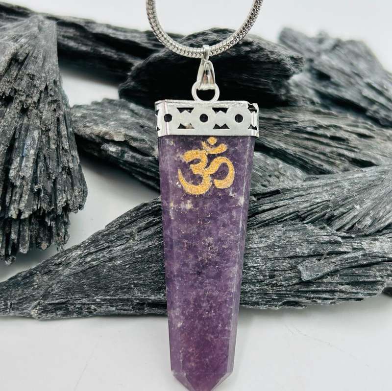 Lepidolite White Metal Pendant with Etched Gold  OM Symbol