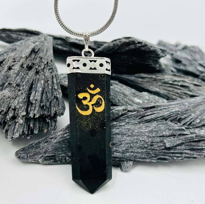 Black Tourmaline gold etched  OM Pendant encased in white metal