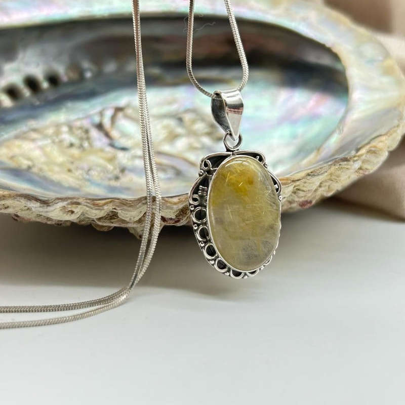 Sterling Silver Golden Rutile Quartz Crystal Cabochon Pendant with Edge-Detailing