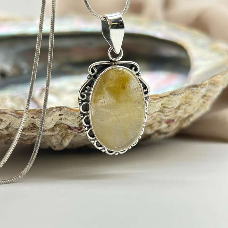Sterling Silver Golden Rutile Quartz Crystal Cabochon Pendant with Edge-Detailing