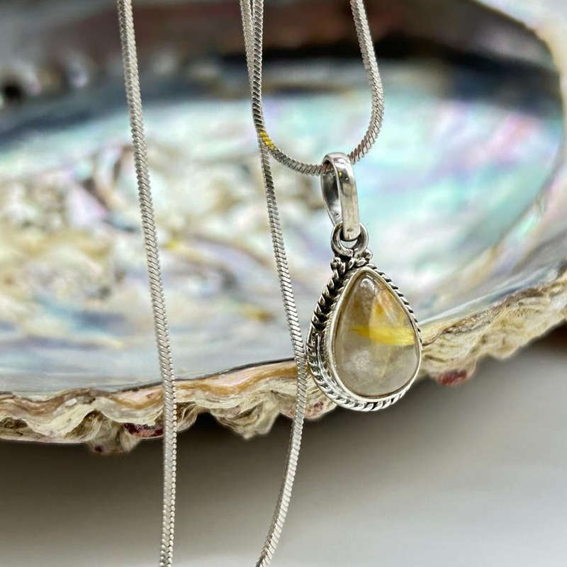 Sterling Silver Golden Rutile Quartz Crystal Cabochon Pendant