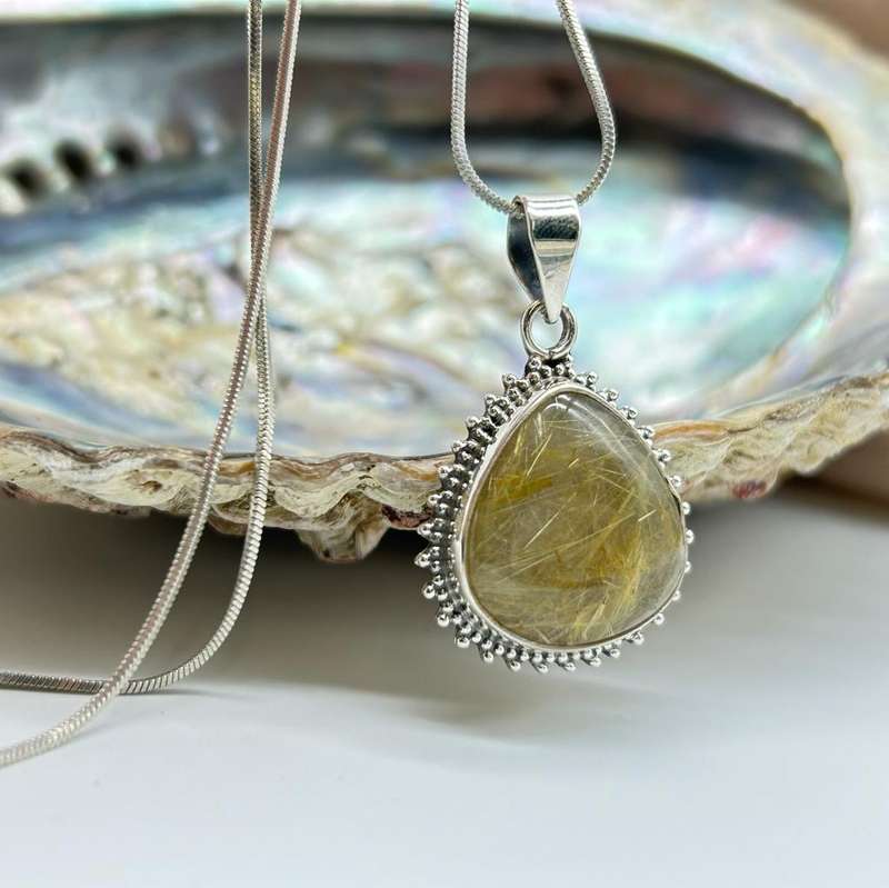 Sterling Silver Large Pear-Shaped Golden Rutile Quartz Crystal Gemstone Cabochon Pendant
