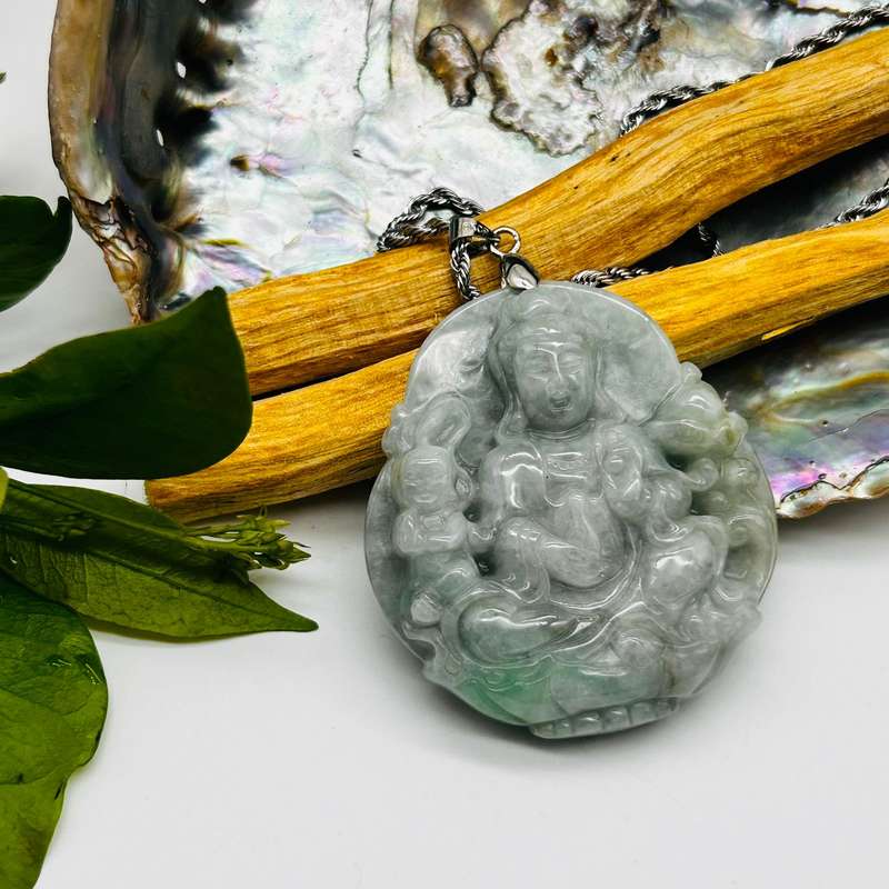 White Green Jade Buddha Of Enlightenment And Compassion Pendant