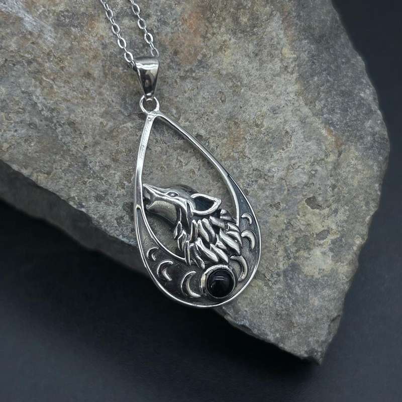Sterling Silver Wolf With Moon Pendant