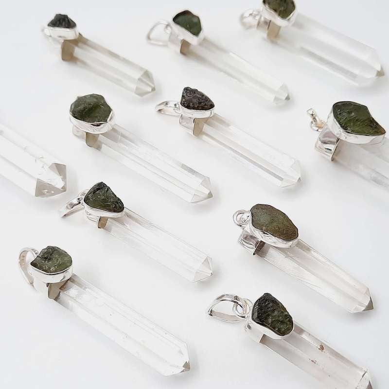 Moldavite and Clear Quartz Crystal Sterling Silver Pendant