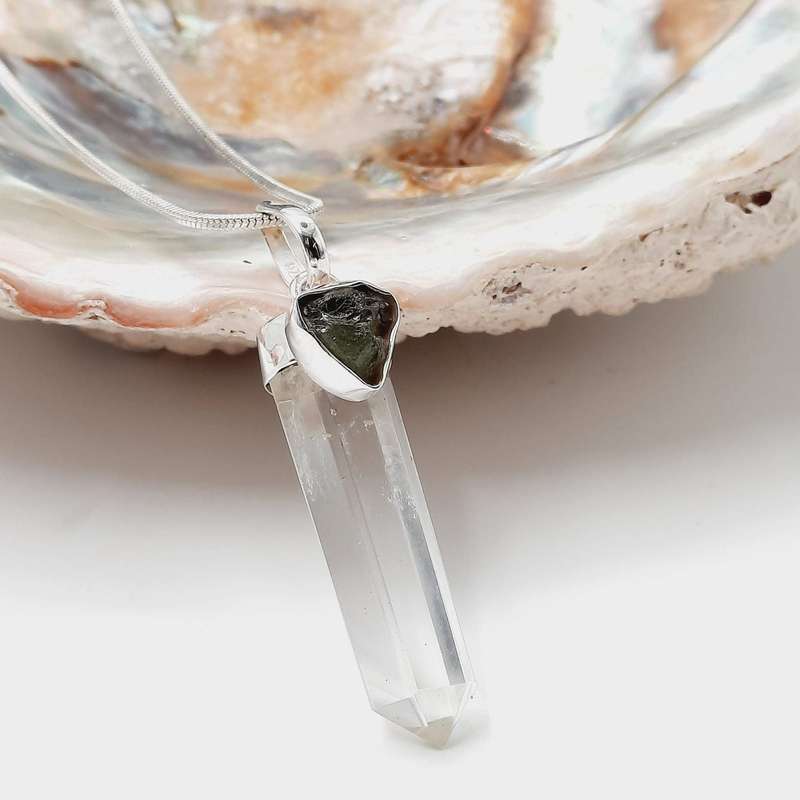 Moldavite and Clear Quartz Crystal Sterling Silver Pendant