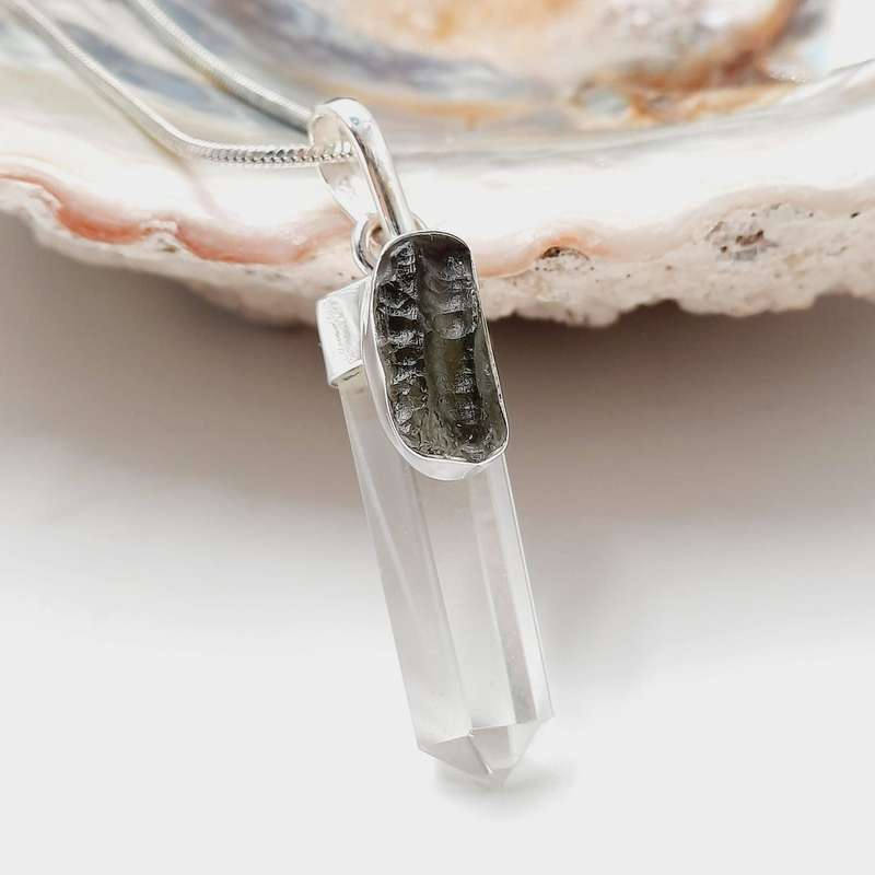 Moldavite and Clear Quartz Crystal Sterling Silver Pendant