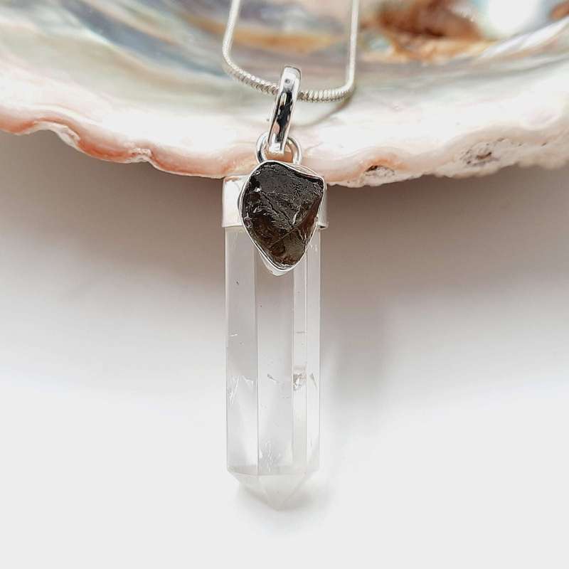 Moldavite and Clear Quartz Crystal Sterling Silver Pendant