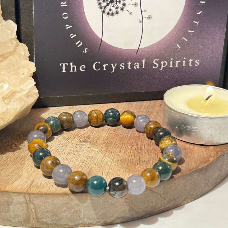 Tigers Eye, Moss Agate & Blue Chalcedony Triple Career Crystal Bracelet